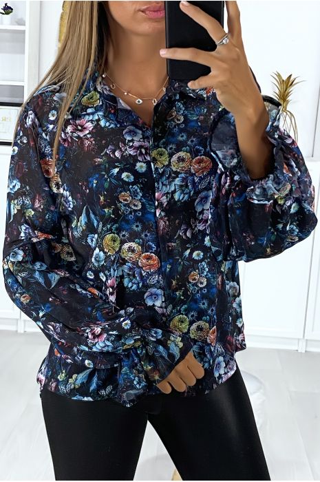 Chemise noir en crêpe motif fleuris manches bouffante - 5