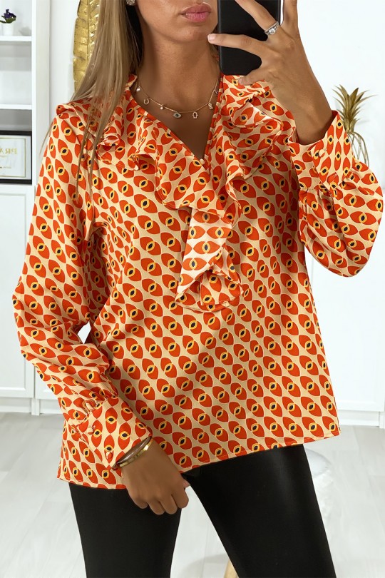 Orange patterned blouse with frill on the front - 1