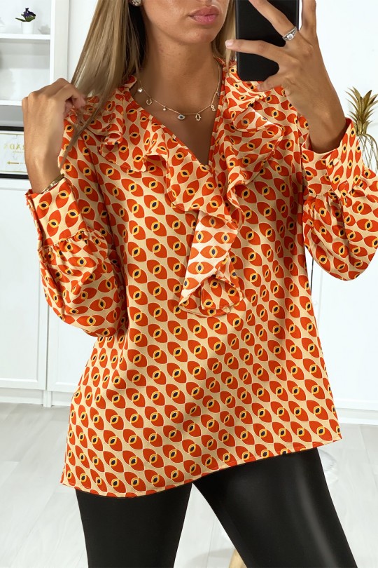 Oranje dessin blouse met ruches aan de voorzijde - 2