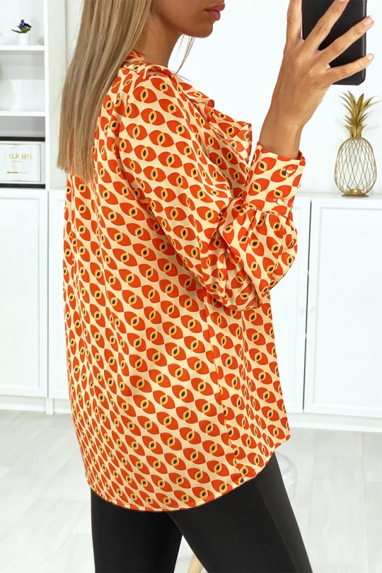 Orange patterned blouse with frill on the front - 4
