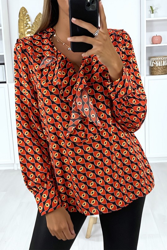 Black patterned blouse with frill on the front - 1