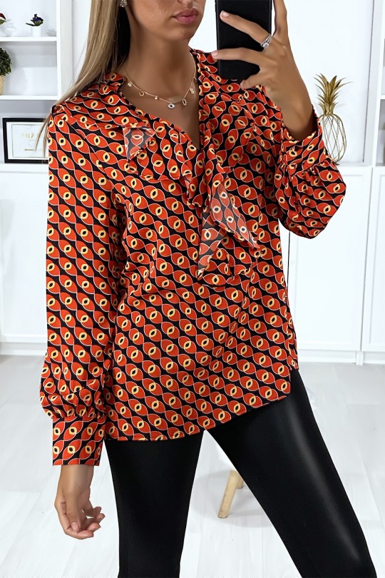 Black patterned blouse with frill on the front - 3