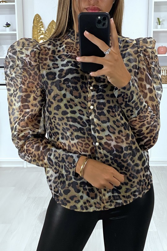 Camelkleurig voile overhemd met pofmouwen en luipaarddessin - 1