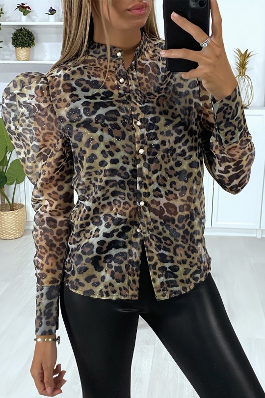 Chemise en voile gris manches bouffante et motif léopard