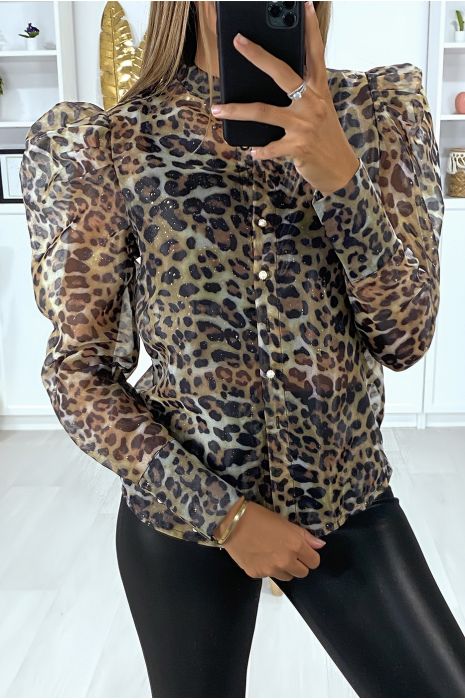Camelkleurig voile overhemd met pofmouwen en luipaarddessin - 3