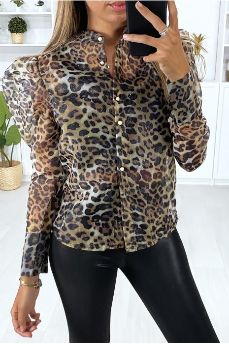 Camel voile shirt with puffed sleeves and leopard pattern - 4