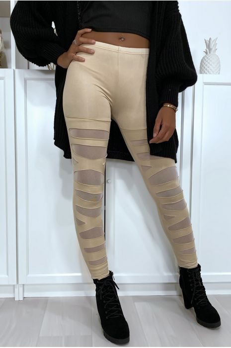 Beige leggings with pretty pattern cut and lined in mesh - 1