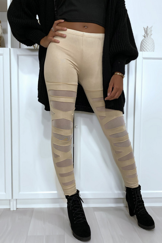 Beige leggings with pretty pattern cut and lined in mesh - 1