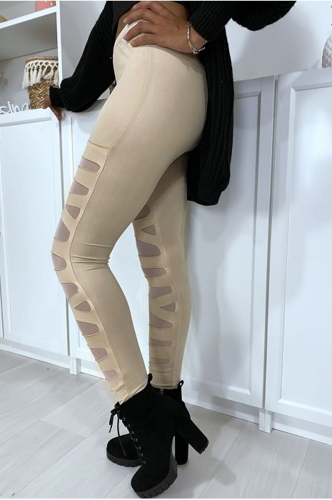Beige legging met mooi patroon gesneden en gevoerd met mesh - 2