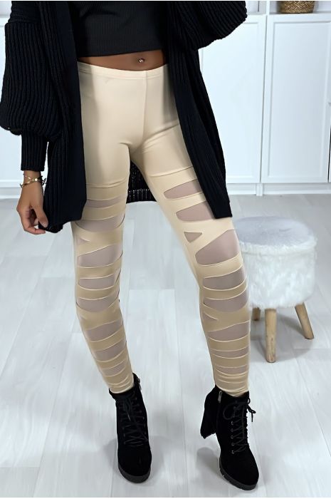 Legging beige avec joli motif coupé et doublé en résille - 5