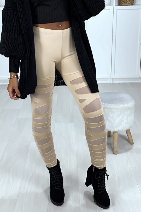 Beige leggings with pretty pattern cut and lined in mesh - 5