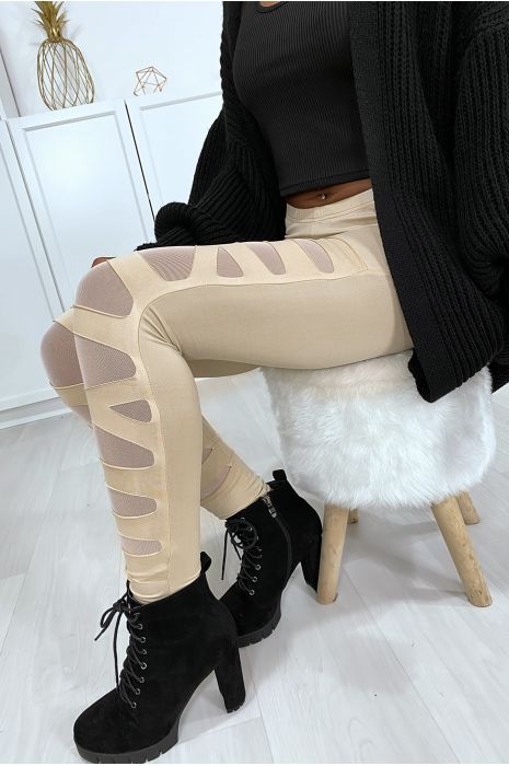Beige legging met mooi patroon gesneden en gevoerd met mesh - 7