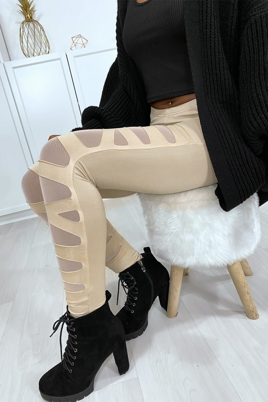 Beige leggings with pretty pattern cut and lined in mesh - 7