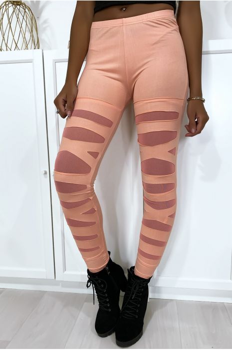 Pink leggings with pretty pattern cut and lined in mesh - 1