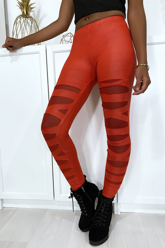 Legging rouge avec joli motif coupé et doublé en résille