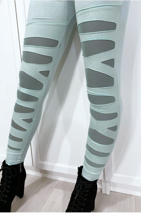 Watergroene legging met mooi gesneden patroon en mesh voering - 3