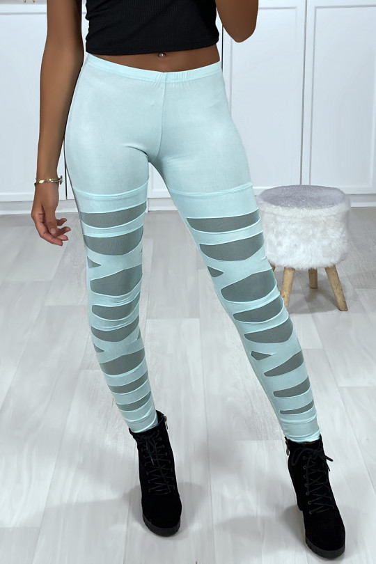 Water green leggings with pretty cut pattern and mesh lining - 7