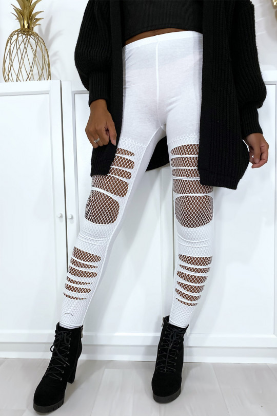 White ripped front cotton leggings with fishnet knees - 1