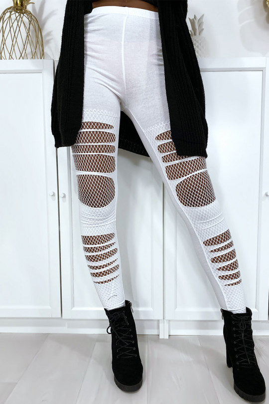 White ripped front cotton leggings with fishnet knees - 2
