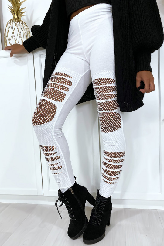 White ripped front cotton leggings with fishnet knees - 3