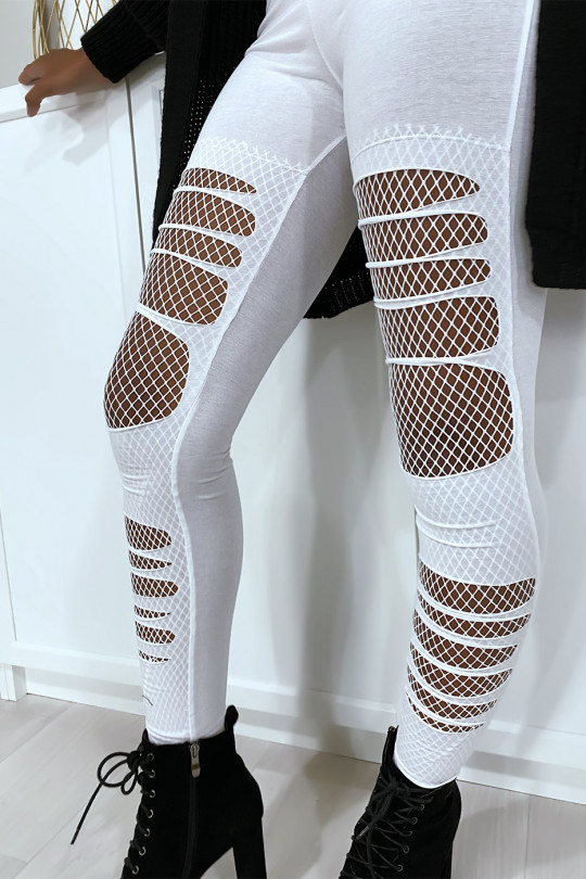 White ripped front cotton leggings with fishnet knees - 4
