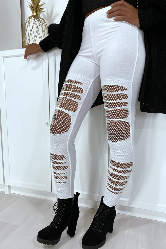 White ripped front cotton leggings with fishnet knees - 5