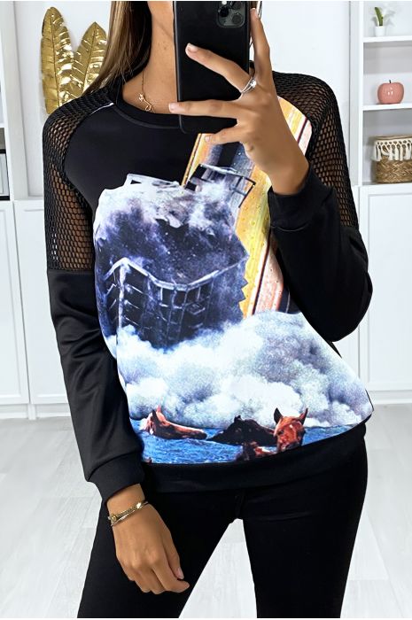 Zwart sweatshirt met transparante schouders en motief op de voorzijde - 1