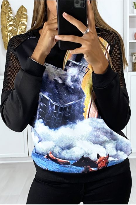 Sweat noir transparent aux épaules avec motif devant - 3