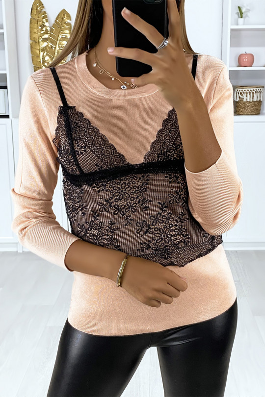 Very stretchy pink sweater with lace at the front - 3