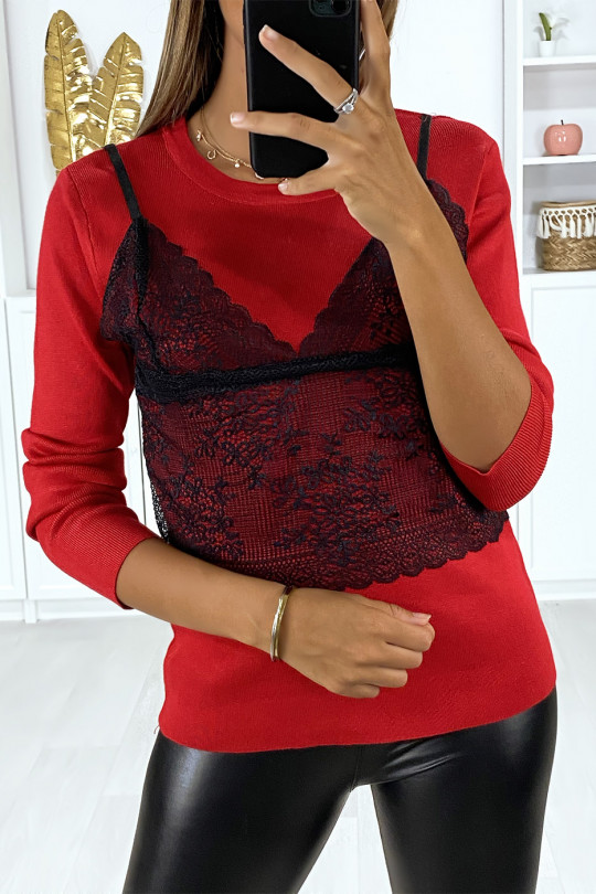 Very stretchy red sweater with lace at the front - 2