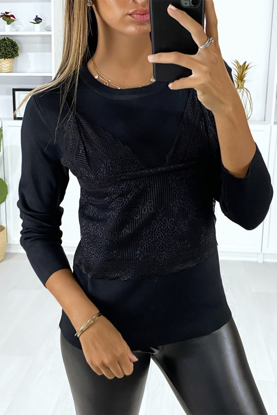 Very stretchy black sweater with lace at the front - 2