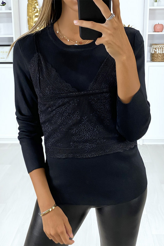 Very stretchy black sweater with lace at the front - 3