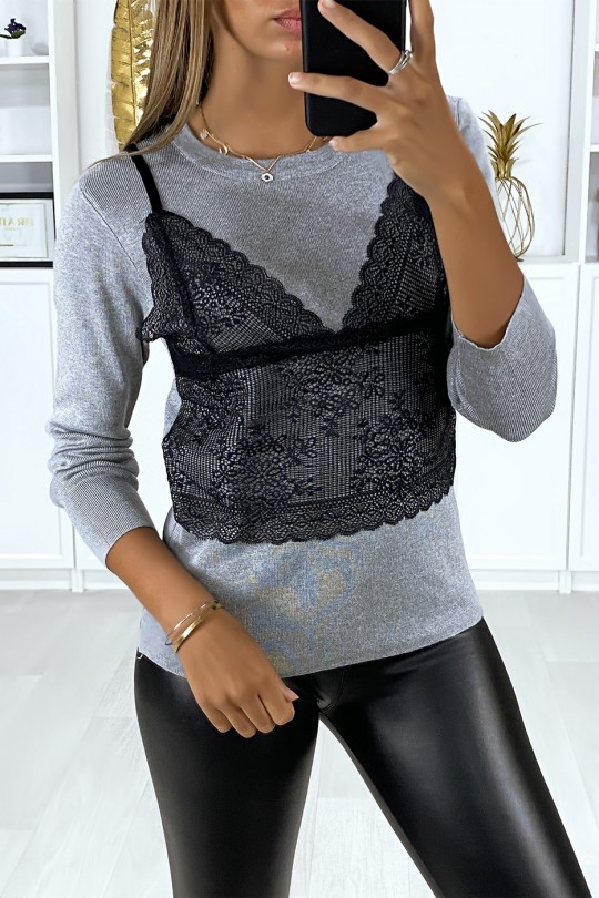 Very stretchy gray sweater with lace at the front - 1