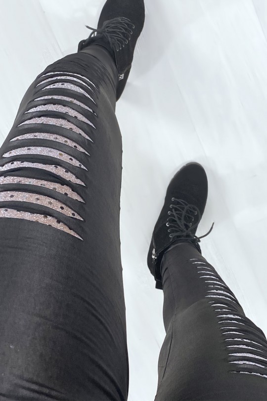 Black leggings tapered at the front and lined in silver sequined lace - 3