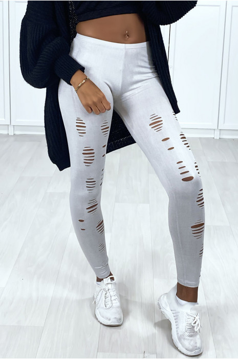 Gray leggings with shiny and stretchy material tapered at the front - 1