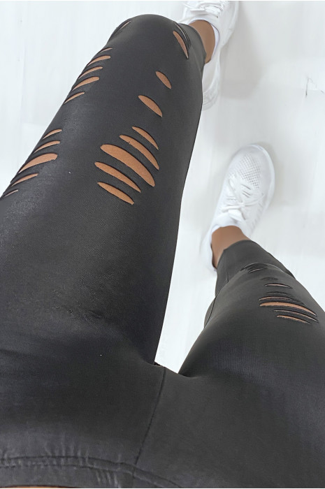 Legging corsaire noir matière brillante et extensible effilé à l'avant - 3