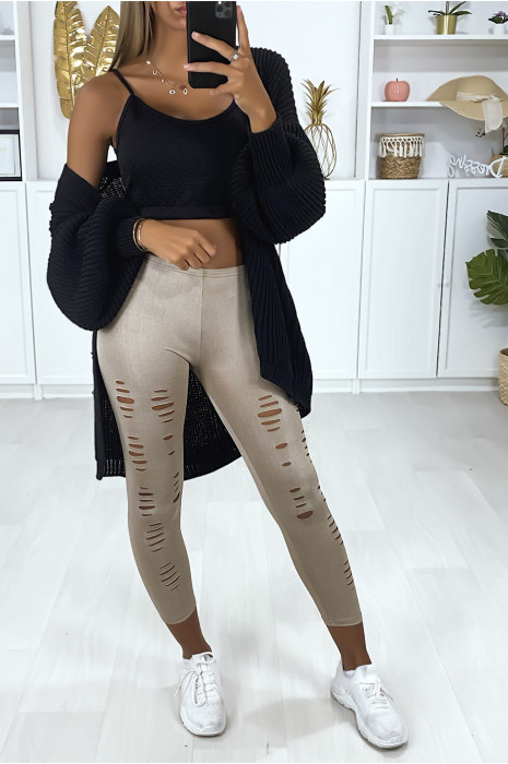 Legging corsaire taupe matière brillante et extensible effilé à l'avant - 1