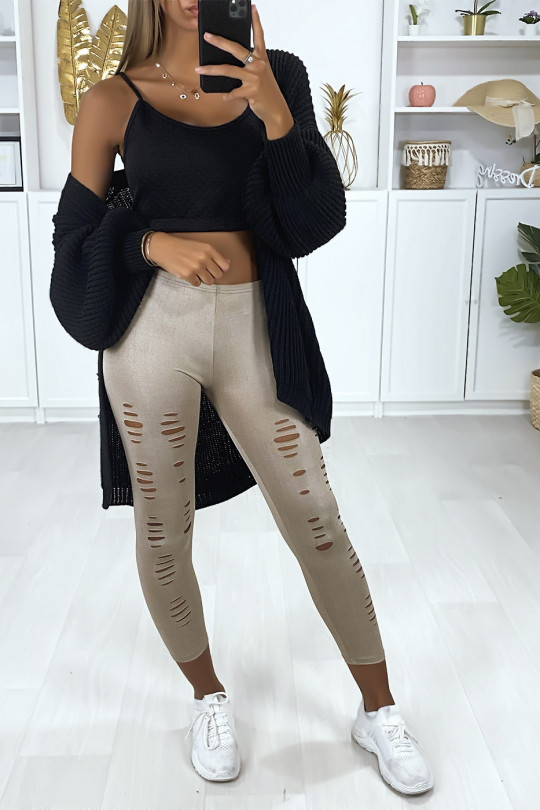 Taupe corsair leggings with shiny and stretchy material tapered at the front - 1