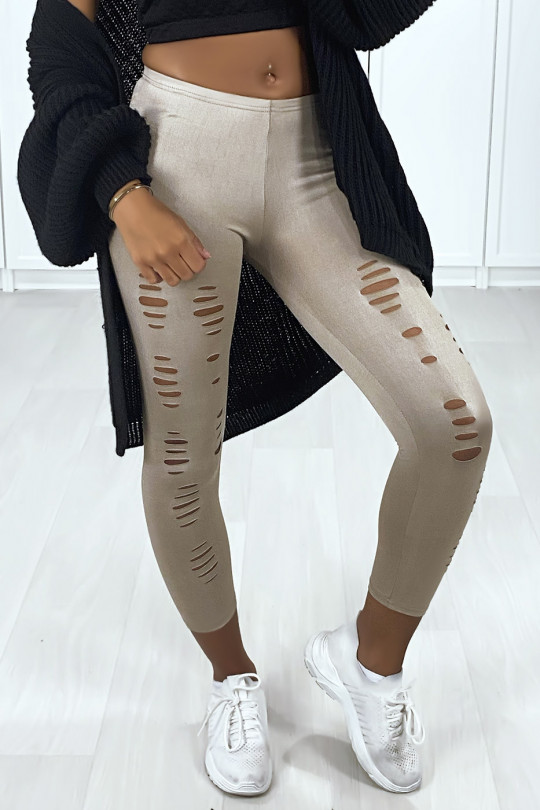 Taupe corsair leggings with shiny and stretchy material tapered at the front - 2