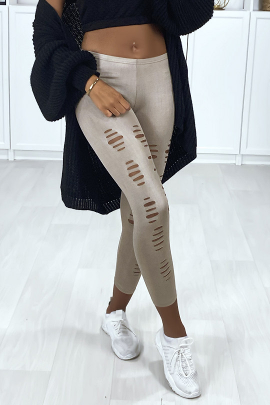 Taupe corsair leggings with shiny and stretchy material tapered at the front - 3