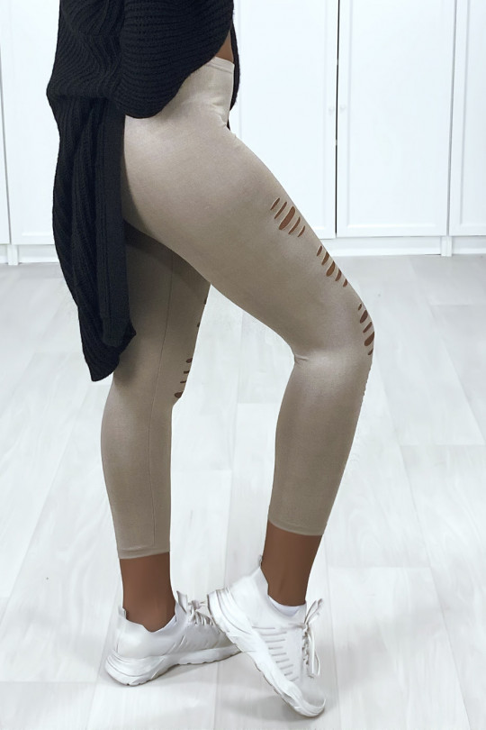 Taupe corsair leggings with shiny and stretchy material tapered at the front - 4