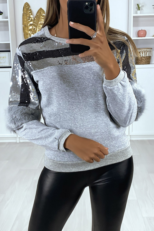 Gray sweatshirt with sequins on the bust with synthetic fur on the sleeves - 1