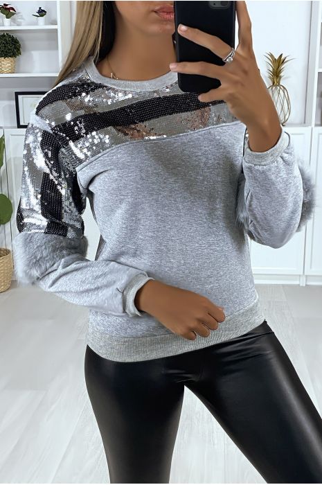 Sweat gris pailleté au buste avec fourrure synthétique aux manches - 2