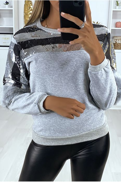 Sweat gris pailleté au buste avec fourrure synthétique aux manches - 3