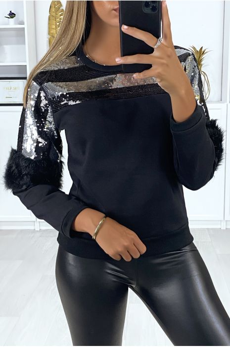 Sweat noir pailleté au buste avec fourrure synthétique aux manches - 1