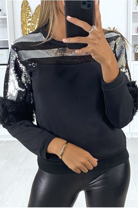Zwart sweatshirt met pailletten op de buste met synthetisch bont op de mouwen - 2