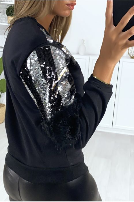 Black sweatshirt with sequins on the bust with synthetic fur on the sleeves - 4