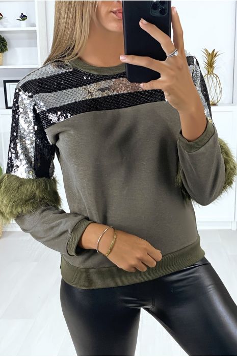 Sweat kaki pailleté au buste avec fourrure synthétique aux manches - 1
