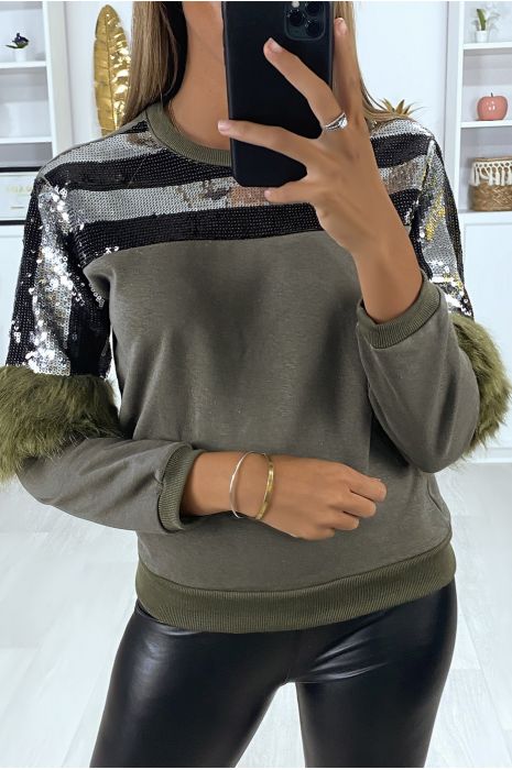 Sweat kaki pailleté au buste avec fourrure synthétique aux manches - 2