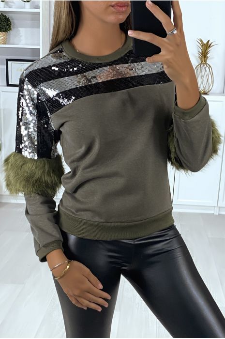 Sweat kaki pailleté au buste avec fourrure synthétique aux manches - 3